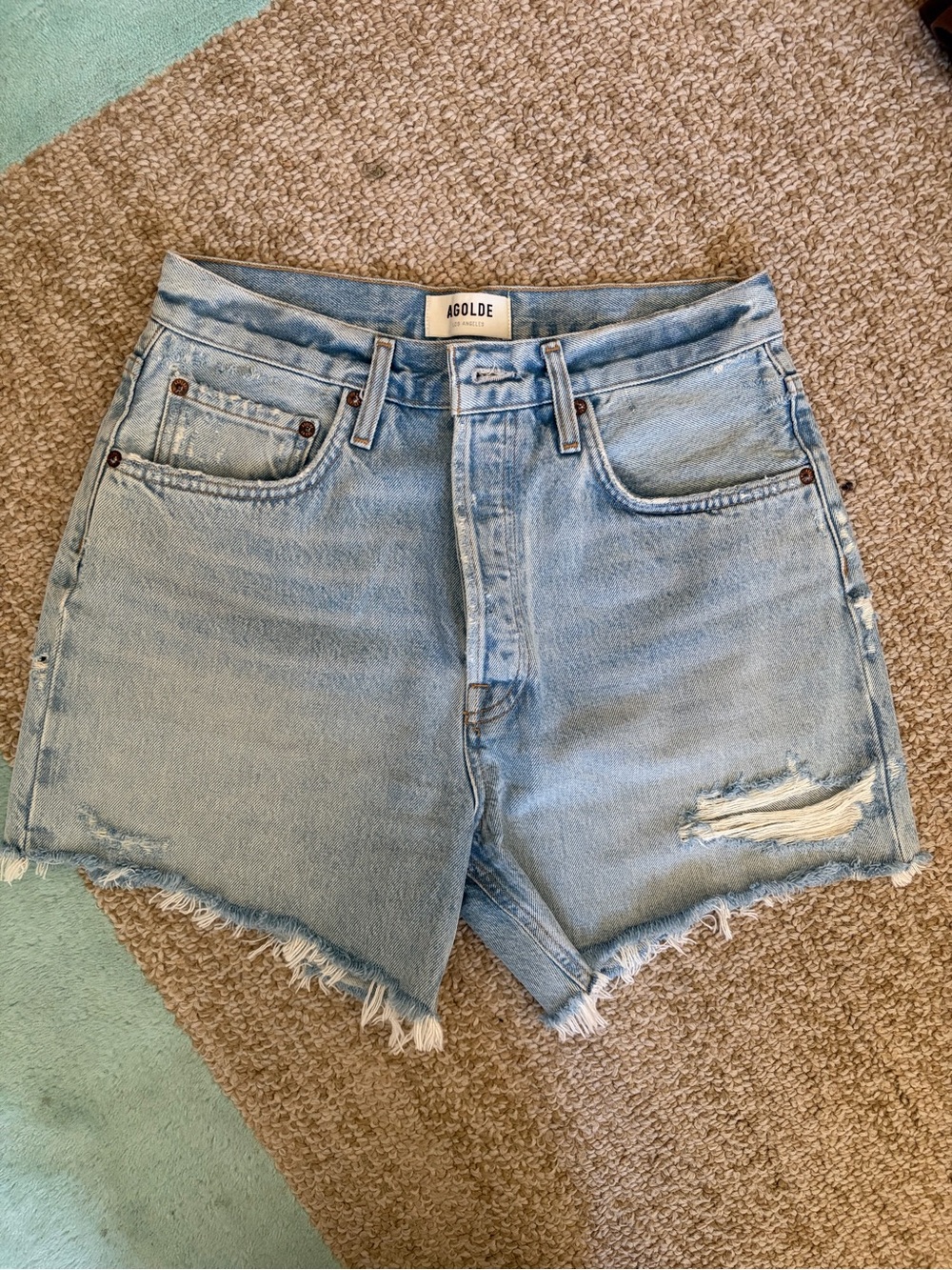 AGOLDE Light Blue Mid-Rise Distressed Denim Shorts